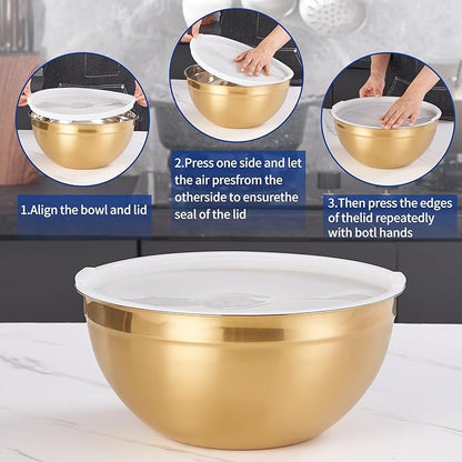 Gold Mixing Bowls with Airtight Lids, Stainless Steel Nesting Mixing Bowls Set of 7, Ideal for Baking, Prepping and Serving Food, Size 7, 3.6, 2.7, 2.1, 1.5, 1.1,0.8 QT, Stackable Design