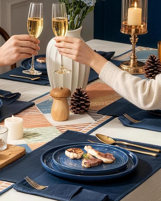 Dinnerware Set for 4, Ceramic Plates & Bowls, Abyssal Blue | 12-Piece Ceramic - Image 4