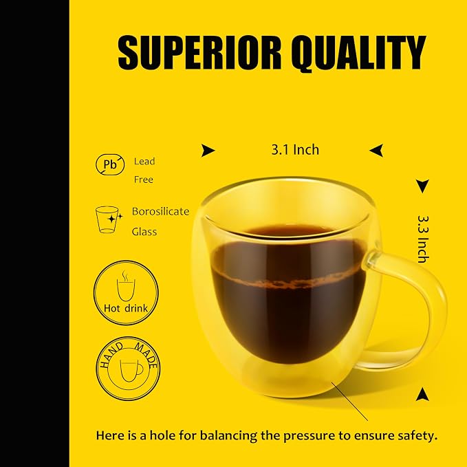 PunPun 8.5oz/250ml Espresso Cups, Double Wall Insulated Glass Cups - Image 2