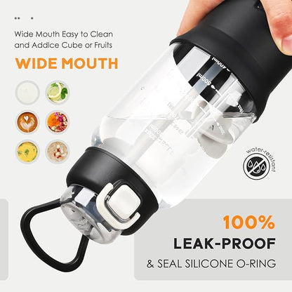 SIEROZUR 32 oz Glass Tumbler with Straw, Glass Water Bottles with 2 Lids-Handle Spout Lid & Straw Lid, 1 Liter Motivational Water Bottles, Silicone Sleeve, Fits Car Cup Holder,Black