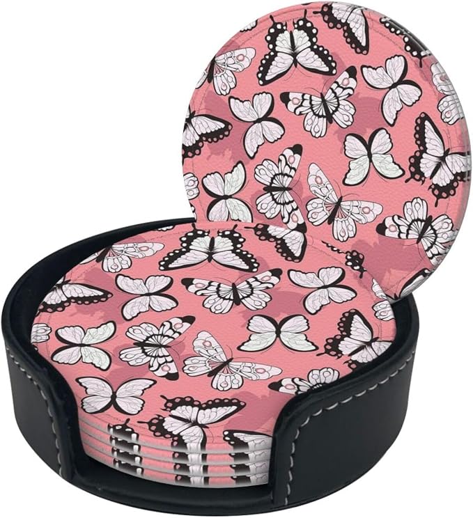Drink Coasters with Holder Stand Set of 6, Butterfly Pattern Pu Leather - Image 8