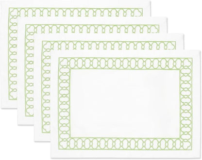 Hofdeco Premium Coastal Patio Indoor Outdoor Placemat Set of 4, 14"x19" Double-Layered, Waterproof Cloth Placemat for Kitchen or Dining Table. Green Embroidered Frame
