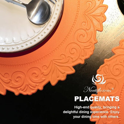 Noctiflorous Round Faux Leather 15 Inch Placemats Set of 6 Waterproof Wipeable Heat Resistant Tablemat for Dining Table Kitchen Non Slip Washable Oilproof Table Place Mat(Pumpkin Orange, 6)