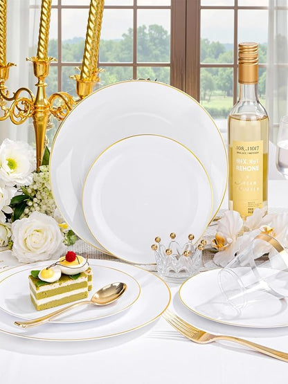 WDF 300PCS White and Gold Plates - Wedding Plastic Dinnerware Set for 50 Guests Include 50 Dinner & 50 Cake Plates, 50 Cutlery, 50 Cups for Wedding Birthday Valentine's Day