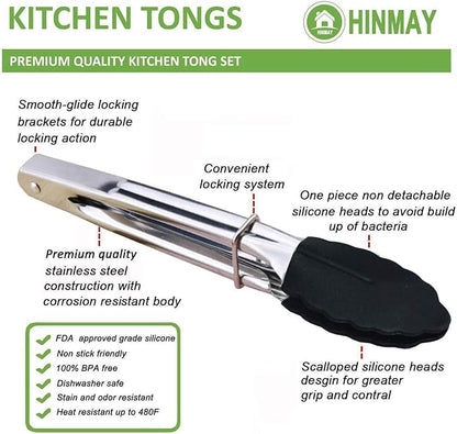 Mini Tongs with Silicone Tips 7-Inch Kitchen Tongs, Set of 3 (Black)