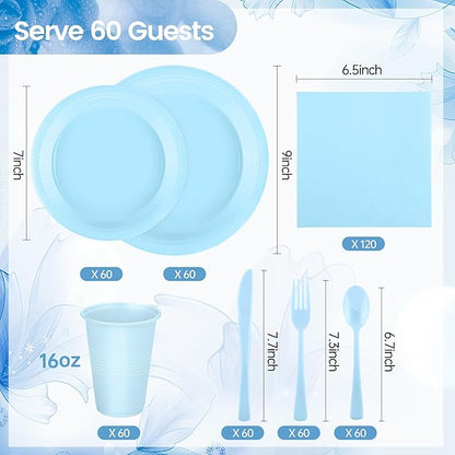 Kochorie 480 Pieces Light Blue Plastic Dinnerware Set Disposable Heavy Duty Plates Napkins Cups Silverware Dessert Dinner Plates for Birthday Wedding Baby Shower Party Supplies, Serves 60 Guests