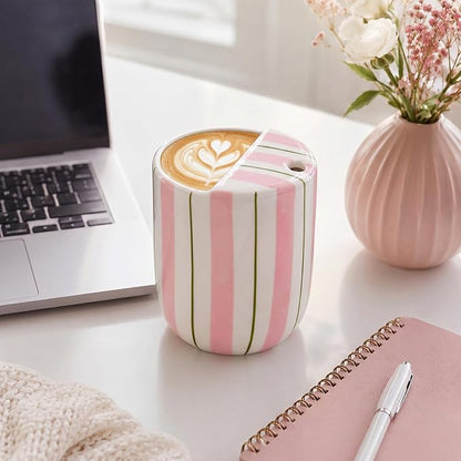 Ceramic Mug with Sip Hole 10 oz Pink Green Striped Ceramic Coffee Mug Hand - Image 4