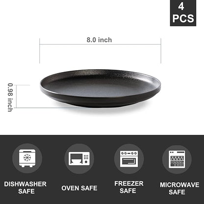 Ceramic Flat Plates Set of 4-8 in - The Dessert, Salad, Appetizer, Small Lunch, etc Plate. Microwave, Oven, and Dishwasher Safe, Scratch Resistant. Kitchen Porcelain Dish-Matte Black