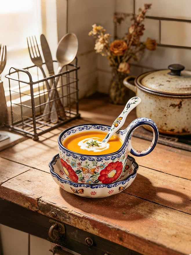 silesia Handmade Loop Handle Soup Bowl, Plate and Spoon Set Ceramic Hand - Image 7