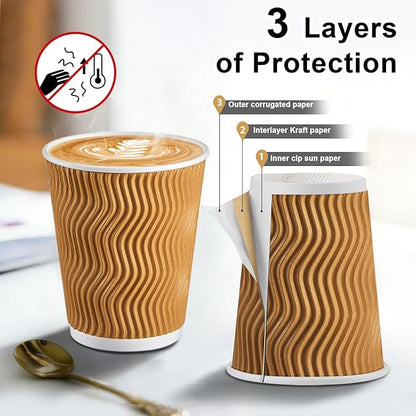 120 Pack 10 oz Coffee Cups, Disposable Corrugated Insulated Ripple Wall Paper Coffee Cups 10oz for Hot or Cold Drinks Office Home Cafe Party Travel (Champagne)