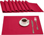 Cloth Place Mats Set of 8–Reusable Rectangular Waterproof Fabric Polyester Washable Wipeable Heat Resistant Linen for Kitchen Dining Dinner Restaurant Wedding Table(DarkRed/13x19 Inch)
