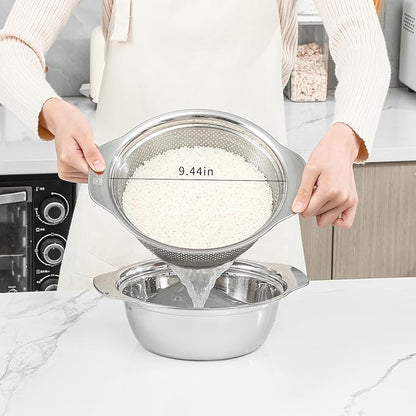 304 Stainless Steel Microporous Colander with Handle, Rice Washers Microporous Strainer Set For washing vegetables, fruits and rice, and draining cooked pasta.