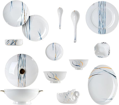 50 Pcs Fine Bone China Dinnerware Set, Porcelain & Ceramic Dinnerware Sets, Bone Stoneware & Ceramic Cookware Tableware Set Includes Dinner Plates|Spoons|Pasta Bowls|Soup Pot|Chopsticks