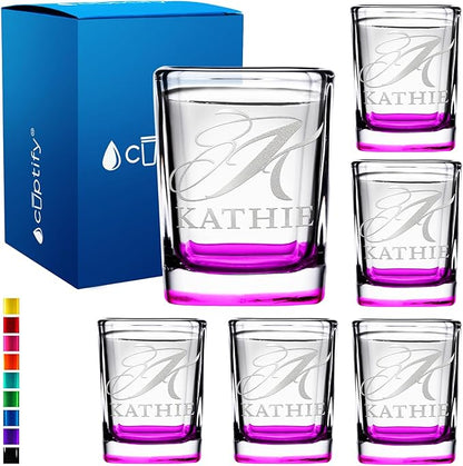 Personalized Shot Glasses Set of 6 Initial and Name 2oz Pink Bottom Etched Square Shot Glass Engraved with Custom Text Birthday or Christmas Gift for Women