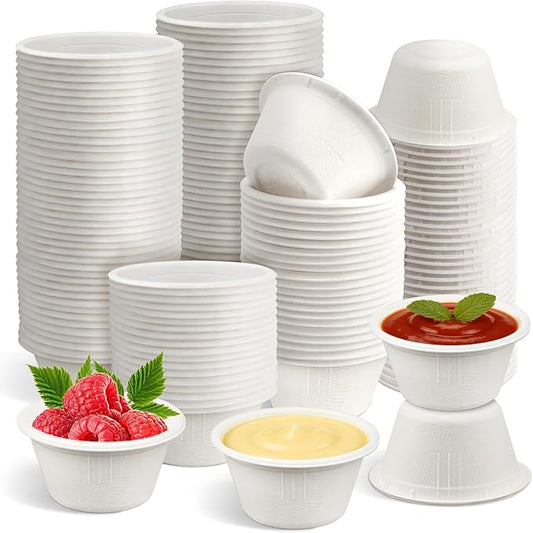 LeonBach 200 Pack 2oz Natural Sugarcane Paper Bowls, Compostable Paper Condiment Snack Sample Tasting Serving Cups Biodegradable Food Containers Small Dipping Cup, White