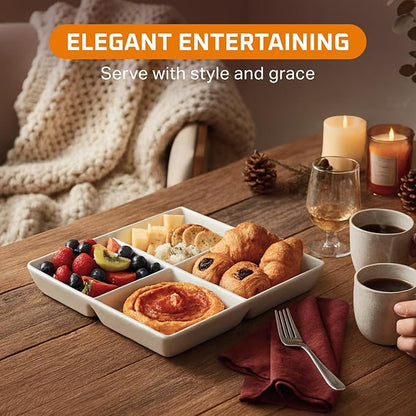 Bruntmor Set of 2 Dinner Serving Tray Dish - 10 x 10 Inch White Ceramic Serving Platter with 4 Compartments - Durable, Decorative Appetizer and Snack Tray for Brunch, Parties, and Dinner Table Display