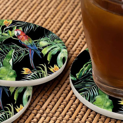 Scarlet Macaw Parrot Coaster for Drinks Individual Tropical Jungle Bird Animal Leaf Floral Botanical Palm Tree Presents for Housewarming Birthday and Family 100% Diatomite 4''X 4'',2 Pack