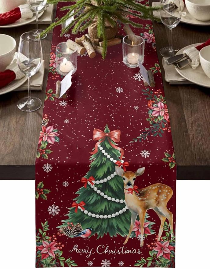 Christmas Reindeer Short Table Runners 36 Inches, Cotton Linen Fabric Red Table by Edwiinsa