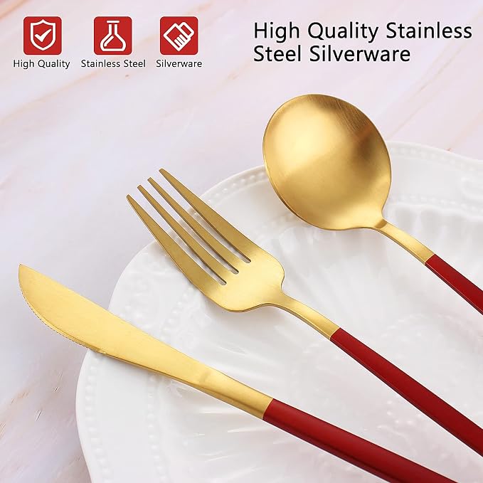 VANVRO Matte Red Gold Silverware Set, 20-Piece Stainless Steel Flatware Set - Image 4