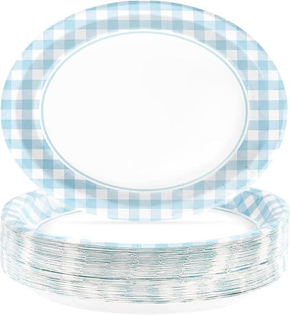 50PCS Light Blue Gingham Paper Oval Plates 10" X 12" Disposable Light Blue and White Gingham Party Plates Disposable Heavy Duty Checkered Plaid Dinnerware for BBQ Gathering Picnic Baby Shower Birthday