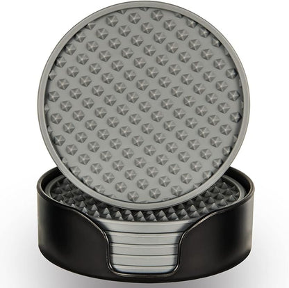 Coasters for Drinks 6 Pcs Drink Coaster with Holder,Heat Resistant Silicone Cup Mat Tabletop Protection,Non-Slip Rubber Coasters for Kinds of Cups (Grey)