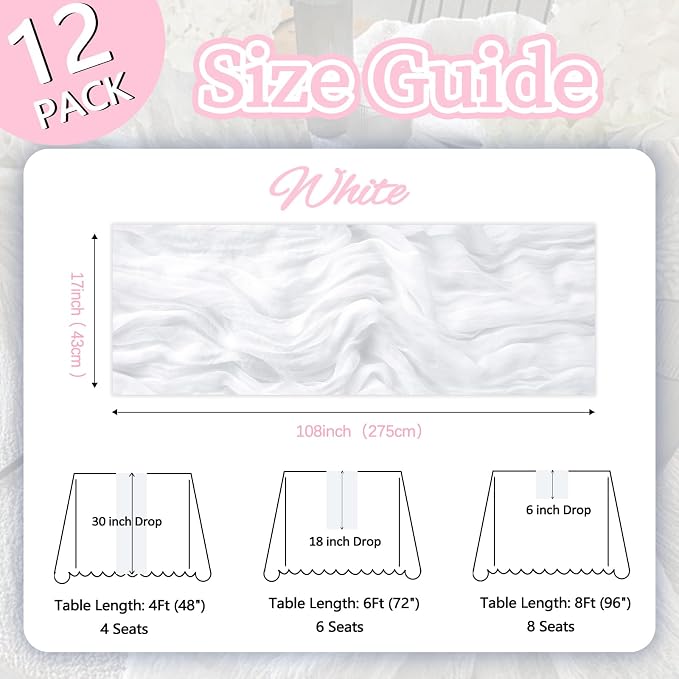 12 Pack White Cheesecloth Table Runner 17 x 108 Inch | Boho Gauze Cheese Cloth - Image 2