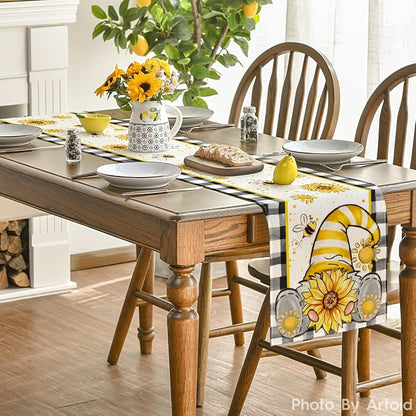 Artoid Mode Buffalo Plaid Sunflower Gnome Bee Summer Table Runner, Seasonal - Image 4