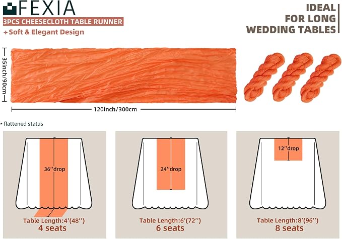 3Pcs Orange Cheesecloth Table Runner Fall Bridal Shower Home Decor | 35x120 - Image 2