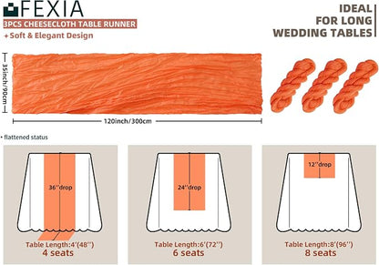 3Pcs Orange Cheesecloth Table Runner Fall Bridal Shower Home Decor | 35x120 - Image 2