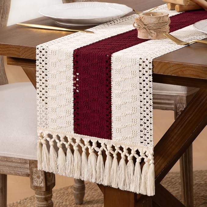 DeZerlor Ivory&Burgundy Boho Macrame Farmhouse Woven Table Runner 90Inch | - Image 7