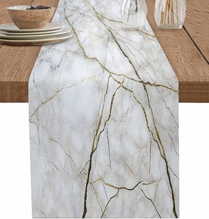 Marble Table Runner-Cotton Linen-Long 90 inche White Gray Gold Dresser Scarves by PIEPLE