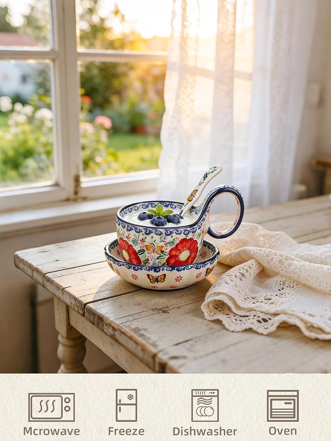silesia Handmade Loop Handle Soup Bowl, Plate and Spoon Set Ceramic Hand - Image 3