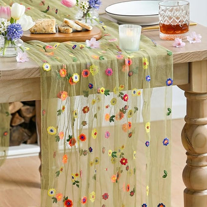 Artoid Mode Green Embroidery Daisy Gauze Table Runner 59x120 Inch 10FT | by ArtoidMode