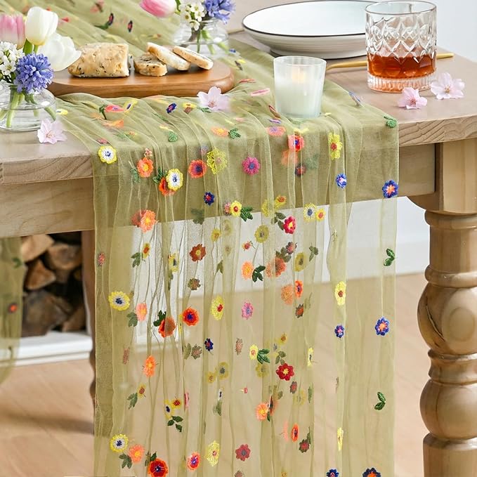 Artoid Mode Green Embroidery Daisy Gauze Table Runner 120 Inch 10FT | Seasonal by ArtoidMode