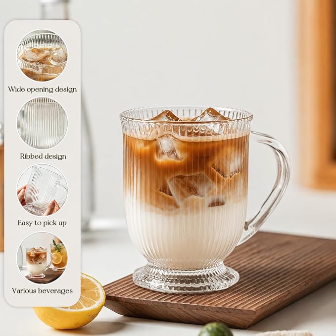 KEMORELA 16oz Ribbed Glass Coffee Mugs Set, Large Glass Mugs - Image 5