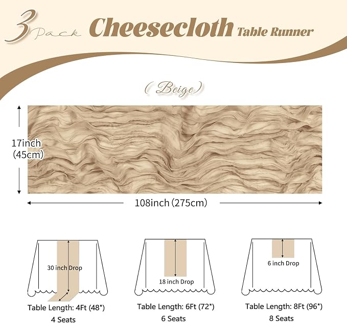 3 Pack Beige Cheesecloth Table Runner, 17 x 108 inch, Semi Sheer Boho Cheese - Image 3