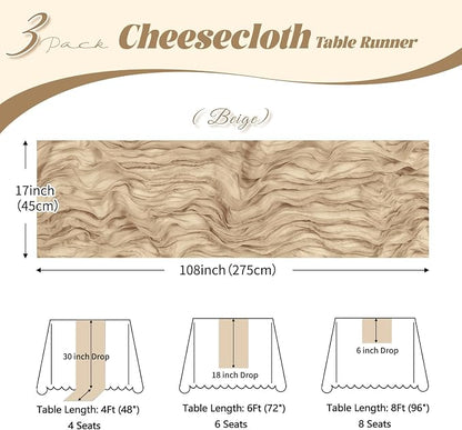 3 Pack Beige Cheesecloth Table Runner, 17 x 108 inch, Semi Sheer Boho Cheese - Image 3