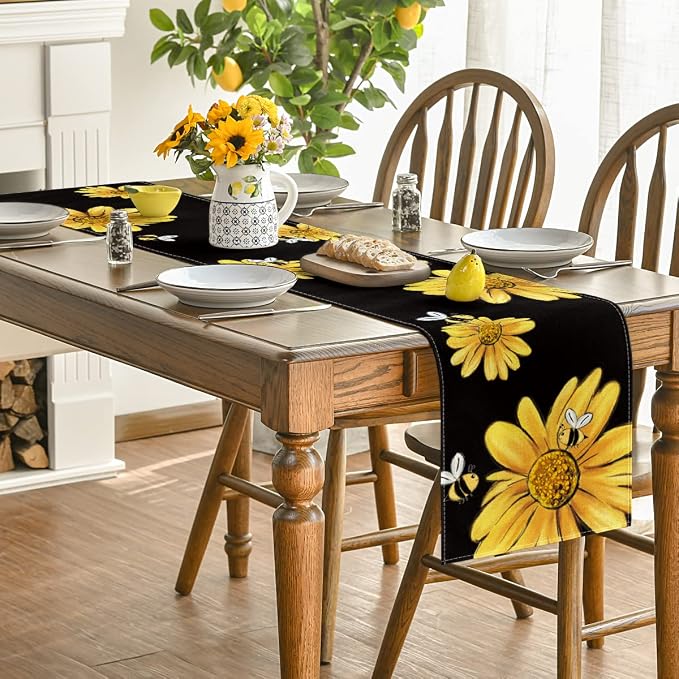 Artoid Mode Black Bee Sunflower Summer Table Runner, Seasonal Spring Flowers - Image 4