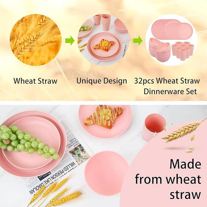 Supernal Pink Wheat Straw Dinnerware Sets,Unbreakable Dishes for 8, Plate and Bowls Sets, Reusable Plates, Dishwasher Safe Plates,Plastic Dinnerware Set, Pink Plastic Tableware