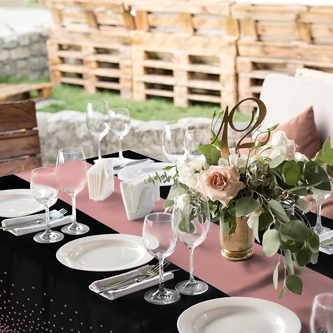 24Pack Disposable Plastic Tablecloth and Satin Table Runner Black and Rose Gold - Image 6
