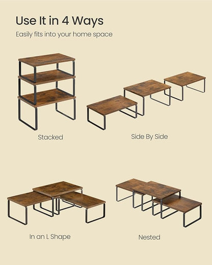 SONGMICS Cabinet Organizer Shelf, Set of 3 Kitchen Counter Shelves, Kitchen Storage, Spice Rack, Stackable, Expandable, Rustic Brown and Matte Black UKCS220K02
