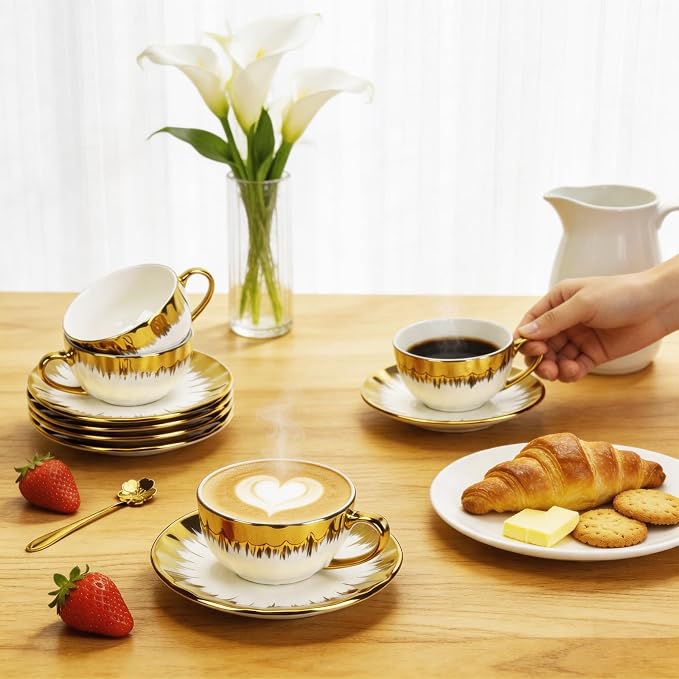 Cappuccino Cups with Saucers, 8 oz Ceramic Coffee Cup Set of 6, Espresso Cups - Image 5