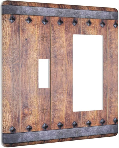 Light Switch Cover Rustic Farmhouse Barn Door Vintage Wood 2 Gang Toggle Rocker Combo Socket Cover Wall Plates Decorative Switch Plates and Outlet Covers for Bathroom Cabin Decor