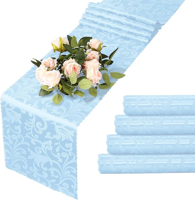 MILVOWOC 4 Pack Light Blue Satin Table Runner, 12 x 72 Inch | Jacquard Damask by MILVOWOC