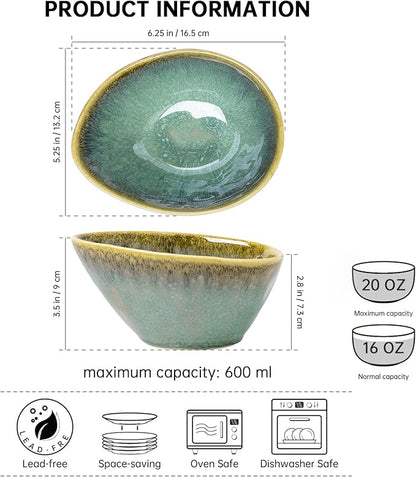 Henten Home Ceramic 20 oz Salad Bowls Set, Slanted Snack Bowl Set of 4, Porcelain Serving Bowls for Soup, Dessert, Microwave & Dishwasher Safe, Reactive Glaze (Green)