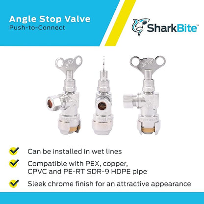 SharkBite 1/2 x 3/8 Inch Compression Angle Stop Valve, Loose Key Quarter Turn, Push to Connect Brass Plumbing Fitting, Chrome Finish, PEX Pipe, Copper, CPVC, PE-RT, HDPE, 24731LF