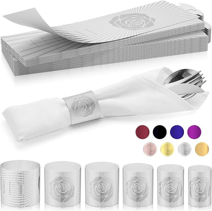 Christmas Napkin Rings Set of 50, 2 Colors in 1, Reusable Adjustable Napkin Bands for Holiday Parties, Wedding, Thanksgiving Table Decor, Waterproof Tear-Proof (Silver) Great Gift Idea