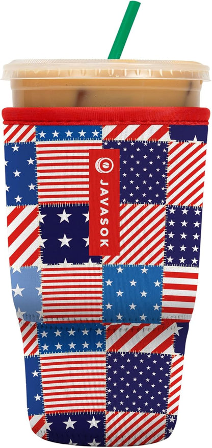 Sok It JavaSok Iced Coffee & Cold Soda Insulated Neoprene Cup Sleeve (Patriotic Patchwork, Large: 30-32oz)