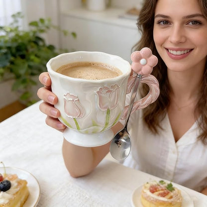 Ceramic Coffee MugEspresso Cup 14oz Pink Cute Flower withSpoon | novelty coffee - Image 5