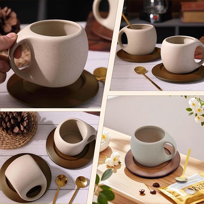 Ceramic Coffee Mug Set with Natural Wood Saucer & Spoon - Image 3